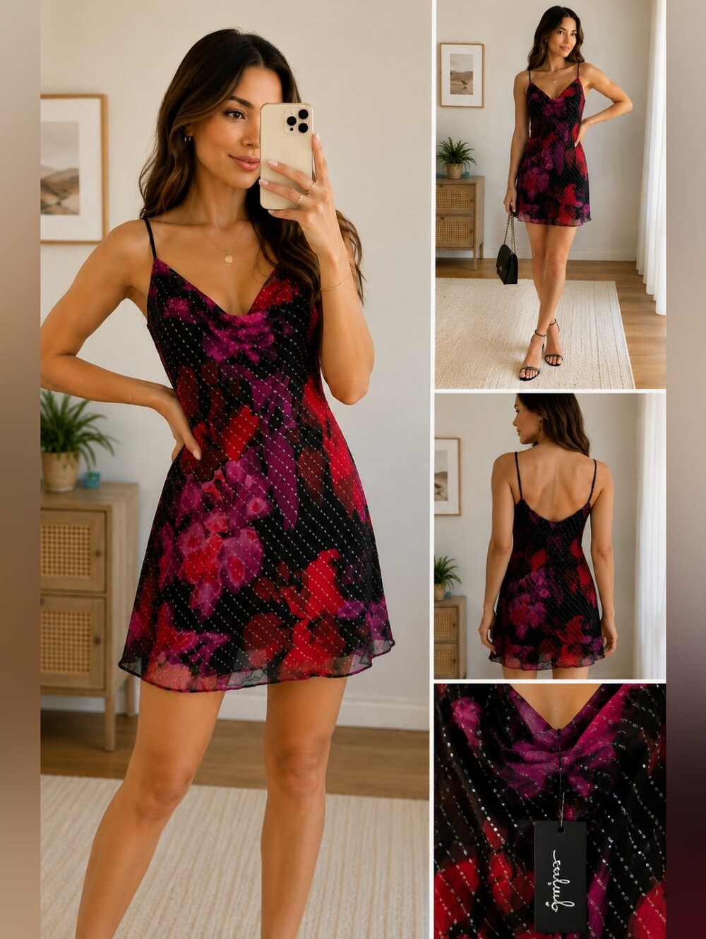 Lulus Floral Sequin Cowl Neck Mini Dress – Size Small, NWT